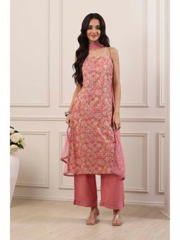 Biba - Women Peach Poly Georgette Straight Kurta With Pant & Dupatta