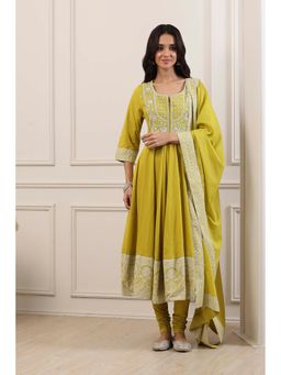 Biba - Women Green Cotton Kalidar Kurta With Churidar & Dupatta