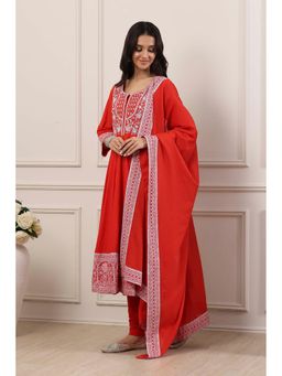 Biba - Women Red Cotton Kalidar Kurta With Churidar & Dupatta