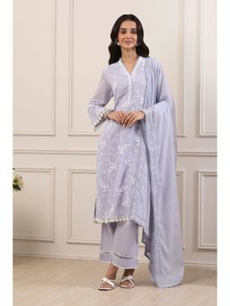 Biba - Women Purple Cotton Straight Kurta With Pant & Dupatta