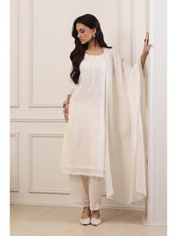Biba - Women White Silk Chanderi Straight Kurta With Pant & Dupatta