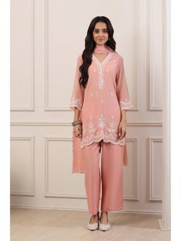 Biba - Women Peach Silk Chanderi Straight Kurti With Pant & Dupatta