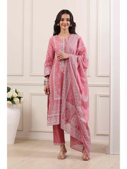 Biba - Women Pink Cotton Straight Kurta With Pant & Dupatta