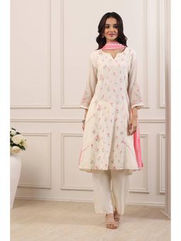 Biba - Women White Poly Chanderi Kalidar Kurta With Pant & Dupatta