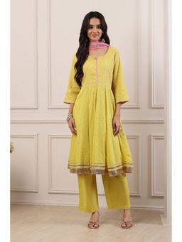 Biba - Women Yellow Cotton Anarkali Kurta With Pant & Dupatta
