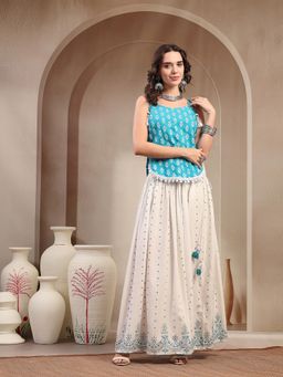 Stylum - Women's Sky Blue Ethnic Printed Rayon Short Peplum Top With Skirt