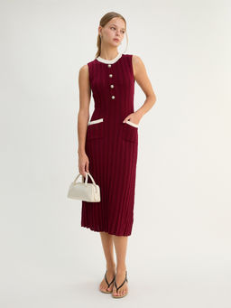 Pomelo - Knit Midi Dress with Contrast Trim - Burgundy