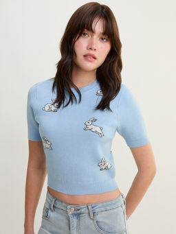 Pomelo - Embroided Bunny Knit Crop Top - Blue