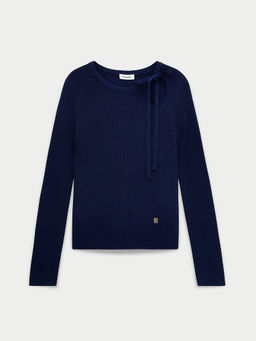 Pomelo - Bow Detail Ribbed Knit Top - Blue
