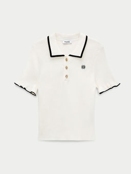 Pomelo - Contrast Trim Polo Knit Top - Ivory