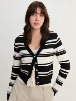 Pomelo - Striped Cardigan - Black/White