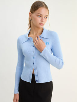 Pomelo - Collared Knit Cardigan - Baby Blue