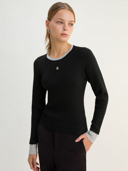 Pomelo - Ribbed Long Sleeve Knit Top - Black