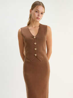 Pomelo - Button Detail Fitted Midi Dress - Brown