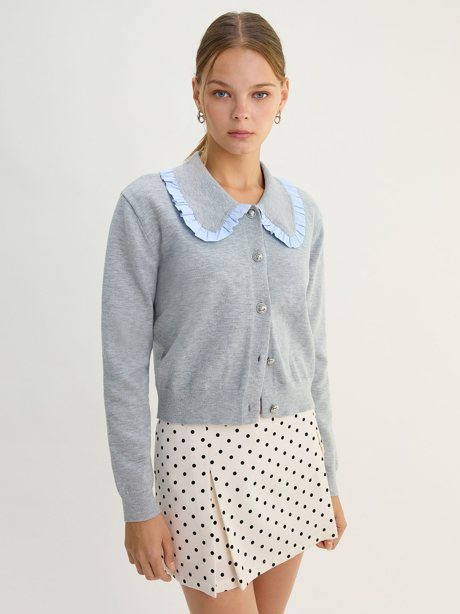 Contrast Trim Collar Cardigan - Grey-image-25