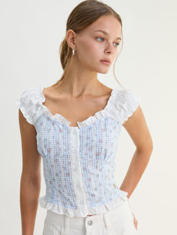 Pomelo - Ruffle Trim Gingham Floral Blouse - Baby Blue