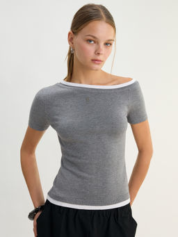 Pomelo - One-Shoulder Short Sleeve Top - Mid Grey