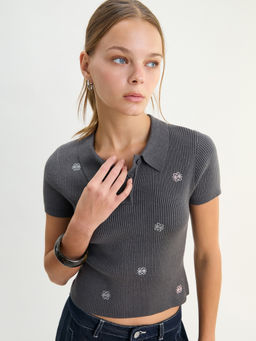 Pomelo - Embroided Logo Polo Knit Top - Dark Grey