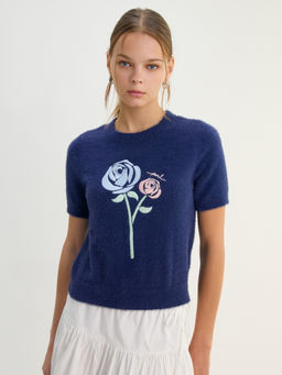 Pomelo - Rose Graphic Fuzzy Top - Navy