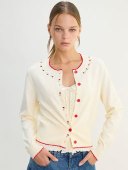 Pomelo - Cherry Trim Button Cardigan - Ivory