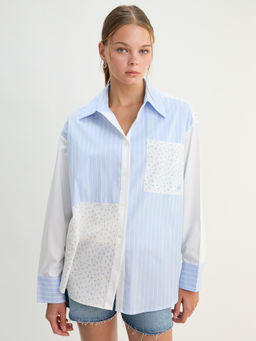 Pomelo - Striped Floral Panel Shirt - Blue