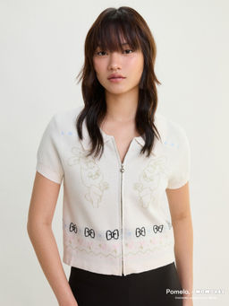 Pomelo - x MOMOREI Collared Zip Front Knit Top - Off-White
