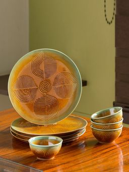 ExclusiveLane - Peacock Boulevard Hand-Engraved Ceramic Dinner Plates With Katoris (8 Pieces)