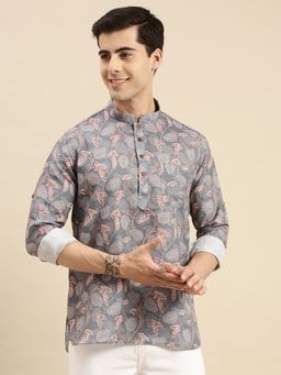 Sanwara - Men Grey Printed Cotton Rolled Up Sleeves Short Kurta