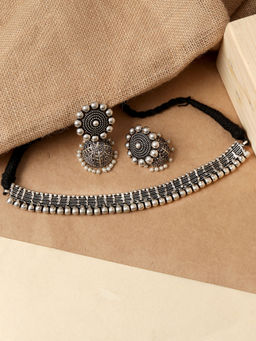 Fida - Ethnic Traditional Oxidised Silver Choker Necklace & Earrings Jewellery Gift Set For Women