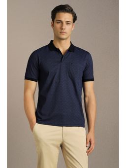 Louis Philippe - Navy Blue Self Design Regular Fit Polo T-Shirt
