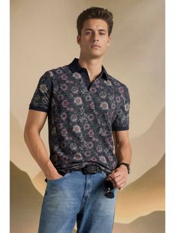 Louis Philippe - Navy Blue Printed Slim Fit Polo T-Shirt