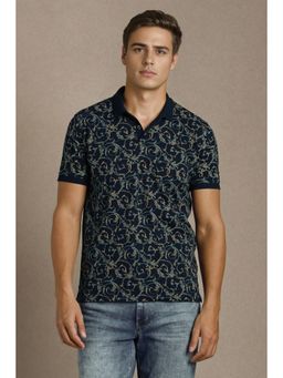 Louis Philippe - Navy Blue Printed Slim Fit Polo T-Shirt