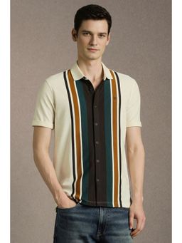 Louis Philippe - Beige Stripes Slim Fit Polo T-Shirt