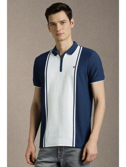 Louis Philippe - Navy Blue Stripes Slim Fit Polo T-Shirt
