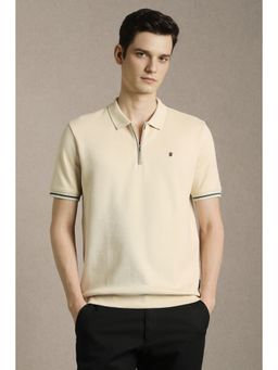 Louis Philippe - Beige Textured Slim Fit Polo T-Shirt