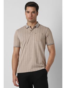 Peter England - Beige Stripes Regular Fit Polo T-Shirt