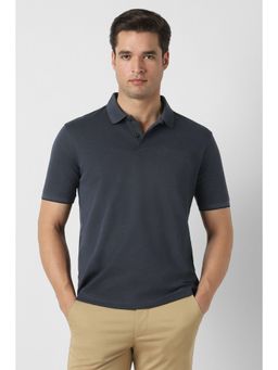 Peter England - Navy Blue Textured Regular Fit Polo T-Shirt