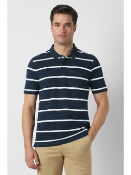 Peter England - Navy Blue Stripes Regular Fit Polo T-Shirt