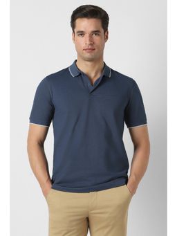 Peter England - Navy Blue Textured Regular Fit Polo T-Shirt