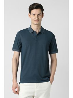 Peter England - Navy Blue Textured Regular Fit Polo T-Shirt