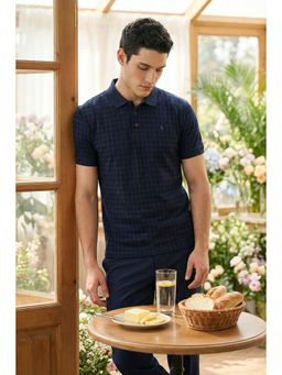 Simon Carter - Navy Blue Printed Slim Fit Polo T-Shirt