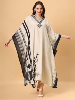 Fantasia - Women Ivory Black Printed Viscose Kaftan - Beige