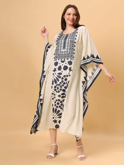 Fantasia - Women Ivory Indigo Viscose Printed Kaftan - Beige