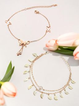 OOMPH - Combo Of 2 Gold Tone Butterfly and Pearl Fashion Anklet for Women