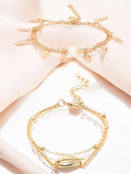 OOMPH - Combo Of 2 Gold Tone Multi Layer Sea Shell and Leaf Pearls Fashion Anklet