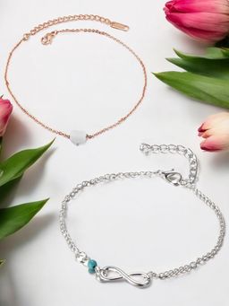 OOMPH - Combo Of 2 Gold and Silver Tone Heart and Turquoise Bead Fashion Anklet