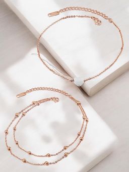 OOMPH - Combo Of 2 Gold Tone Heart and Beads Multi Layer Fashion Anklet for Women