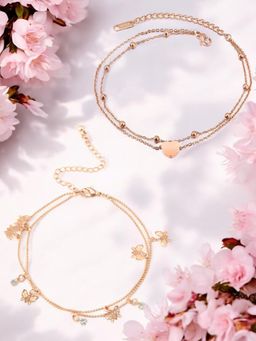 OOMPH - Combo Of 2 Gold Tone Multi Layer Butterfly and Heart Fashion Anklet for Women