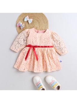Many Frocks - Cotton Net Half Sleeves Lace Knee Length Party Dress - Peach