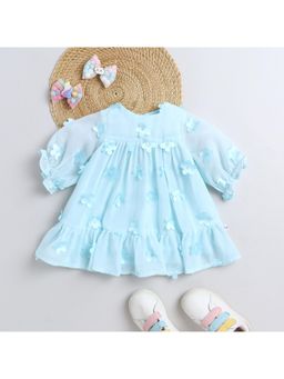 Many Frocks - Georgette Half Sleeves 3D Flower Knee Length Dress - Light Blue